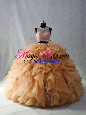 Organza Scoop Sleeveless Brush Train Zipper Beading and Ruffles and Sequins Sweet 16 Dresses in Champagne