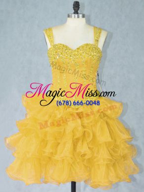 Hot Selling Gold Homecoming Dress Online Prom and Party with Beading and Ruffled Layers Straps Sleeveless Lace Up