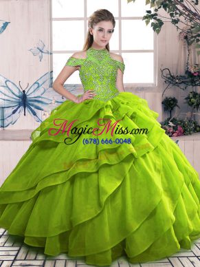 Pretty Ball Gowns Vestidos de Quinceanera Olive Green High-neck Organza Sleeveless Floor Length Lace Up
