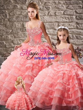 Fine Organza Straps Sleeveless Court Train Lace Up Beading and Ruffled Layers Quinceanera Dress in Watermelon Red