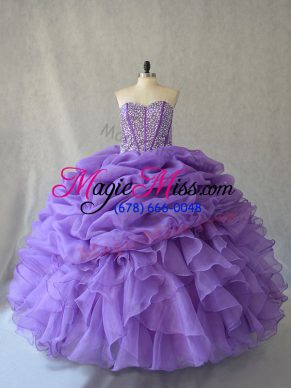 Lavender Ball Gowns Beading and Ruffles and Pick Ups Sweet 16 Quinceanera Dress Lace Up Sleeveless Floor Length