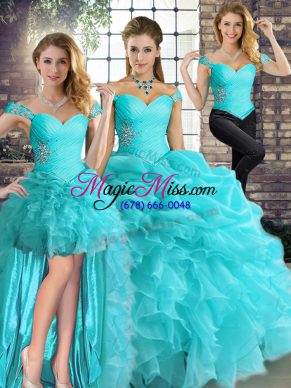 Sleeveless Floor Length Beading and Ruffles and Pick Ups Lace Up Quince Ball Gowns with Aqua Blue