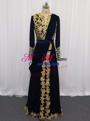 Navy Blue Column/Sheath Lace and Appliques Dress for Prom Zipper Chiffon Long Sleeves Floor Length