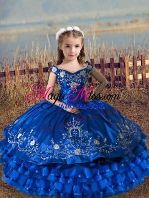 Floor Length Lace Up Kids Pageant Dress Royal Blue for Wedding Party with Embroidery and Ruffled Layers