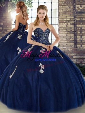 Custom Made Floor Length Navy Blue Sweet 16 Dresses Sweetheart Sleeveless Lace Up