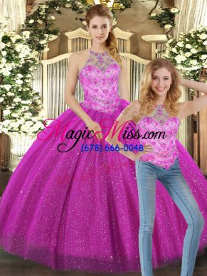 Designer Fuchsia Sleeveless Beading Floor Length Sweet 16 Dresses