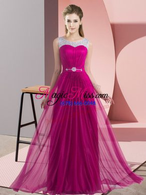 Empire Bridesmaid Gown Fuchsia Scoop Chiffon Sleeveless Floor Length Lace Up