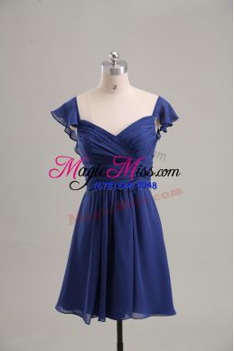 Ruching Prom Gown Blue Lace Up Sleeveless Mini Length