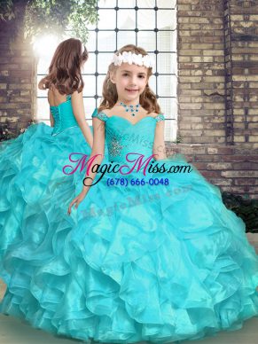 High Quality Straps Sleeveless Custom Made Pageant Dress Floor Length Beading and Ruffles Aqua Blue Organza