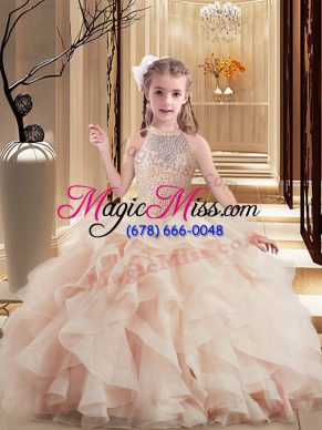 Sleeveless Floor Length Beading Lace Up Winning Pageant Gowns with Pink Brush Train