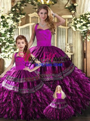 Fabulous Halter Top Sleeveless Sweet 16 Dresses Floor Length Embroidery and Ruffles Fuchsia Organza