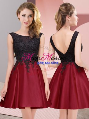 Custom Design Satin Scoop Sleeveless Zipper Lace Bridesmaid Dresses in Wine Red