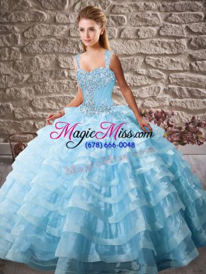 Wonderful Blue Organza Lace Up Quinceanera Gown Sleeveless Court Train Beading and Ruffled Layers