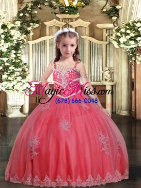 Trendy Watermelon Red Straps Neckline Beading and Appliques Pageant Gowns For Girls Sleeveless Lace Up