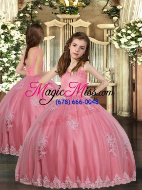 Unique Tulle Straps Sleeveless Lace Up Appliques Kids Pageant Dress in Watermelon Red