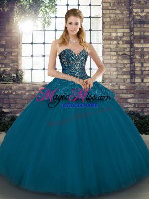 Floor Length Lace Up Vestidos de Quinceanera Blue for Military Ball and Sweet 16 and Quinceanera with Beading and Appliques