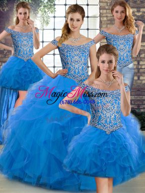 Artistic Sleeveless Beading and Ruffles Lace Up Quinceanera Gown with Blue Brush Train