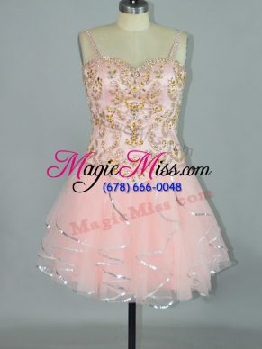 Mini Length A-line Sleeveless Pink Dress for Prom Lace Up
