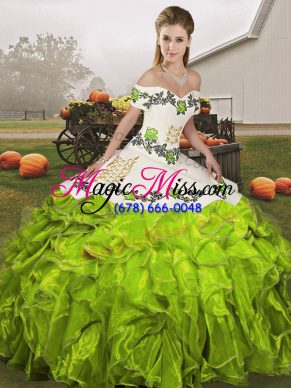 Off The Shoulder Sleeveless Quinceanera Gowns Floor Length Embroidery and Ruffles Olive Green Organza