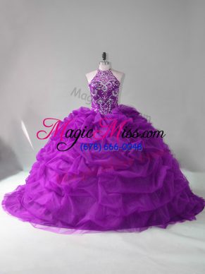 Exquisite Purple Organza Lace Up Sweet 16 Dresses Sleeveless Court Train Beading and Pick Ups