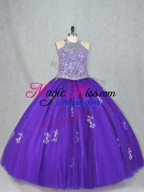 Pretty Purple Sleeveless Floor Length Beading and Appliques Lace Up 15 Quinceanera Dress