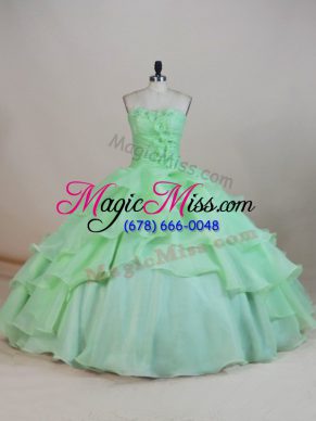 Admirable Apple Green Quince Ball Gowns Sweet 16 and Quinceanera with Ruffled Layers and Ruching and Hand Made Flower Sweetheart Sleeveless Lace Up