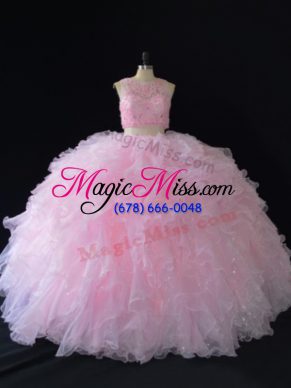 Baby Pink Two Pieces Organza Scoop Sleeveless Beading Floor Length Zipper Ball Gown Prom Dress