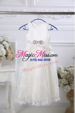 White Empire Tulle Scoop Sleeveless Beading and Lace Floor Length Zipper Flower Girl Dress