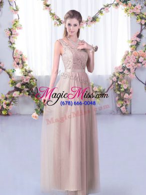 Tulle V-neck Sleeveless Side Zipper Lace and Belt Bridesmaid Dresses in Pink