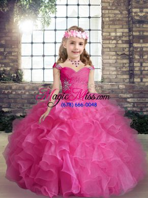 Hot Pink Ball Gowns Straps Sleeveless Organza Floor Length Lace Up Beading and Ruffles Evening Gowns