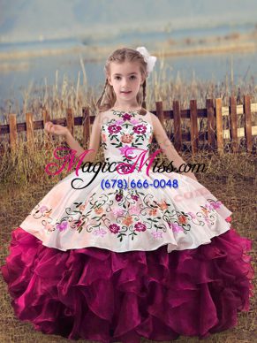 Customized Floor Length Fuchsia Little Girl Pageant Gowns Organza Sleeveless Embroidery and Ruffles