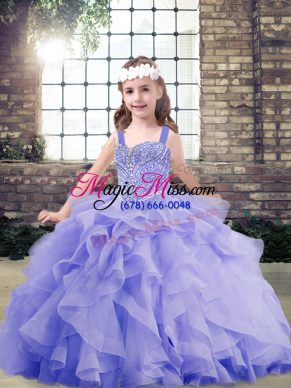 Custom Designed Lavender Lace Up Straps Beading and Ruffles Kids Formal Wear Organza Sleeveless