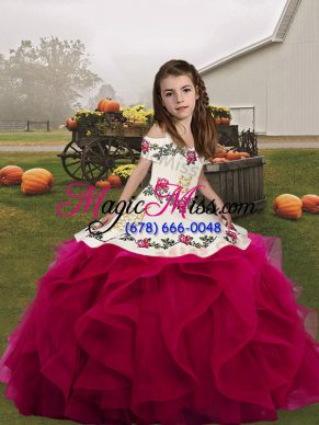 Fuchsia Organza Lace Up Straps Sleeveless Floor Length Pageant Dresses Embroidery and Ruffles