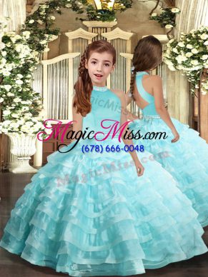 Inexpensive Aqua Blue Ball Gowns Organza Halter Top Sleeveless Beading and Ruffled Layers Floor Length Backless Pageant Dress for Girls