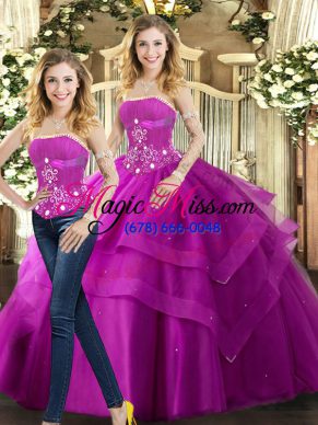 Tulle Strapless Sleeveless Lace Up Beading and Ruffles Quinceanera Gowns in Fuchsia