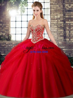 Vintage Red Sweetheart Lace Up Beading and Pick Ups Ball Gown Prom Dress Brush Train Sleeveless