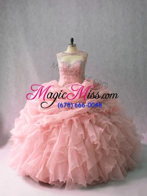 Spectacular Pink Quinceanera Dresses Sweet 16 and Quinceanera with Beading and Ruffles and Pick Ups Scoop Sleeveless Brush Train Lace Up
