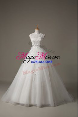 Vintage White Ball Gowns Beading and Lace and Bowknot Wedding Dress Lace Up Tulle Sleeveless