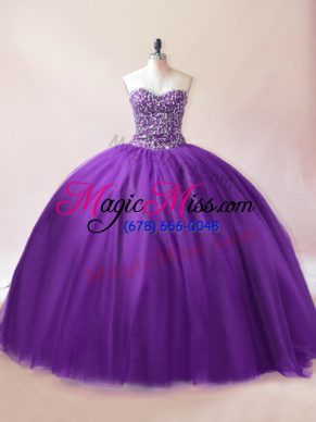 Extravagant Purple Ball Gowns Sweetheart Sleeveless Tulle Floor Length Lace Up Beading Vestidos de Quinceanera