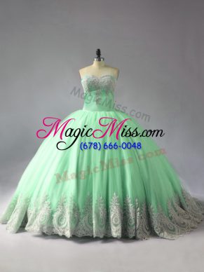 Elegant Sweetheart Sleeveless Tulle Ball Gown Prom Dress Appliques Court Train Lace Up