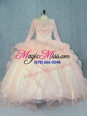 Classical Peach Long Sleeves Beading and Ruffles Floor Length Quinceanera Dress