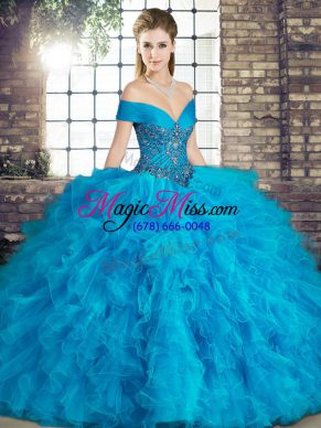 Amazing Ball Gowns Quince Ball Gowns Blue Off The Shoulder Tulle Sleeveless Floor Length Lace Up