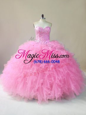 Stylish Floor Length Baby Pink Sweet 16 Dress Tulle Sleeveless Beading and Ruffles