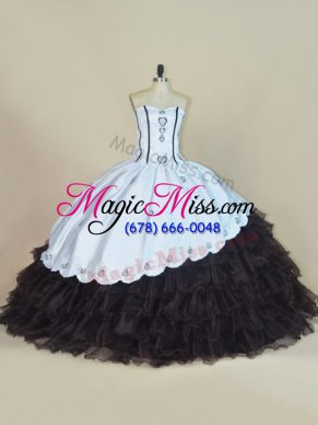 White And Black Column/Sheath Embroidery and Ruffled Layers Vestidos de Quinceanera Lace Up Satin and Organza Sleeveless Floor Length