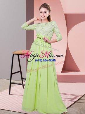 Decent 3 4 Length Sleeve Chiffon Floor Length Side Zipper Quinceanera Court Dresses in Yellow Green with Lace and Belt