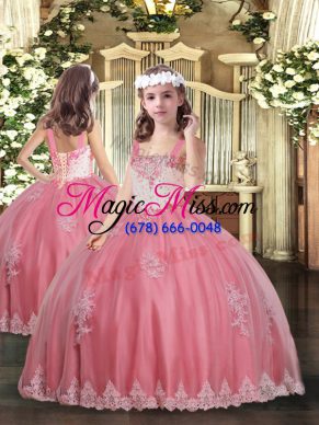 Floor Length Lace Up Kids Formal Wear Watermelon Red for Party and Wedding Party with Appliques