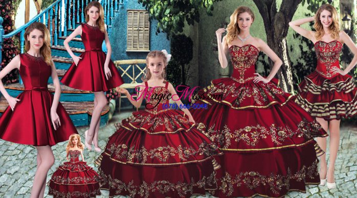 Floor Length Lace Up 15th Birthday Dress Wine Red for Sweet 16 and Quinceanera with Embroidery and Ruffled Layers