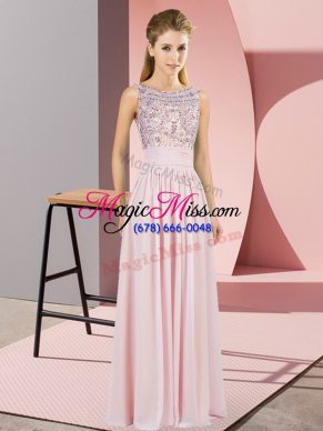 Fitting Pink Sleeveless Floor Length Beading Backless Dress for Prom