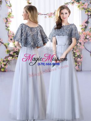 Elegant Floor Length Grey Bridesmaid Gown Tulle Sleeveless Appliques
