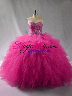 Pretty Fuchsia Lace Up Quinceanera Gowns Beading and Ruffles Sleeveless Floor Length
